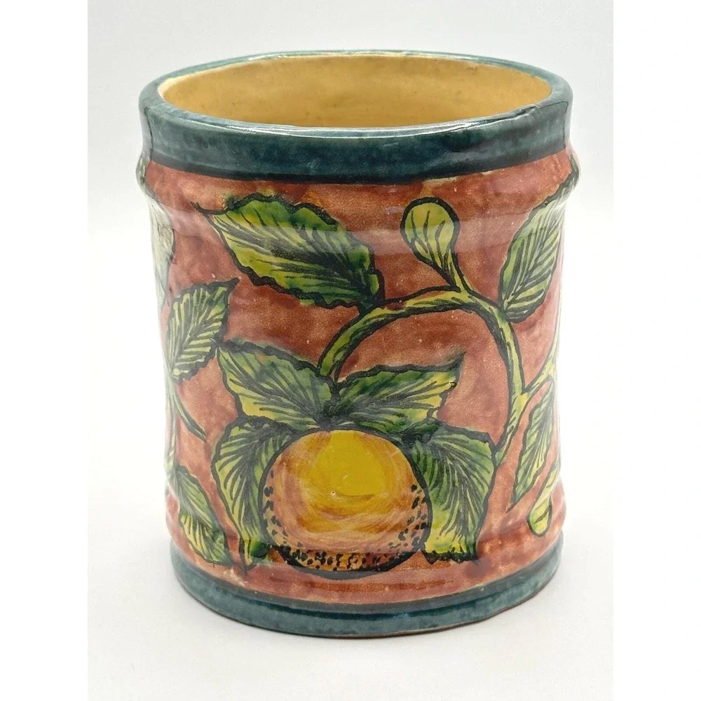 Mexican Ceramic Canister Hand Painted Fruit Leaf Pottery Jar 6in Vintage